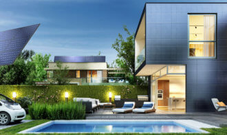 Modern House With Solar Panels And Electric Car
