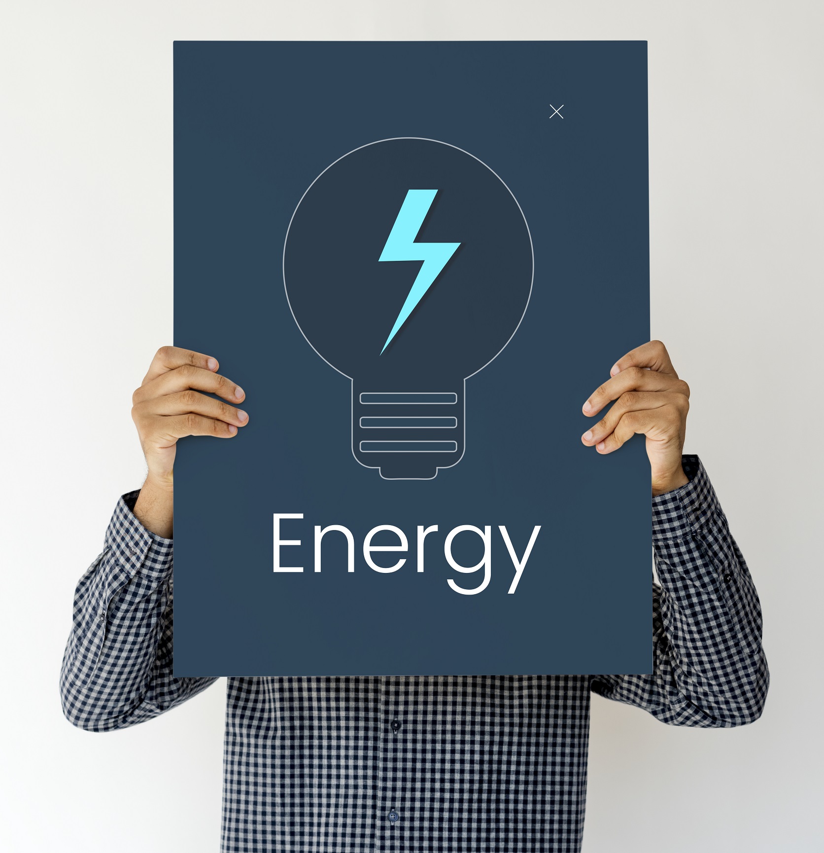 Man Holding A Board With Energy Concept